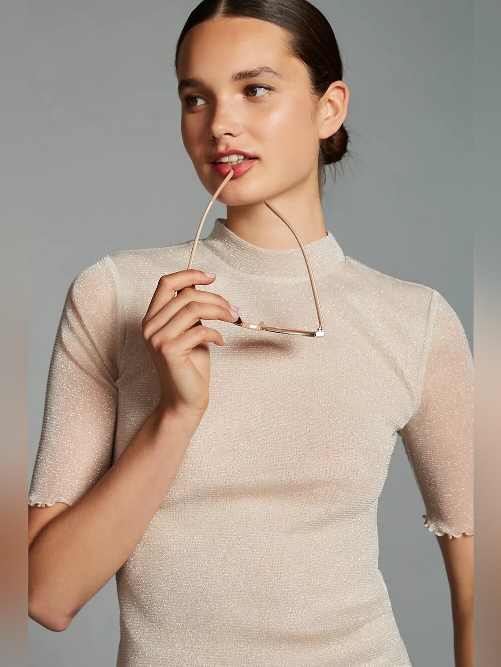 Anthropologie Metallic Knit Top - Silver Beige Shine Sz. L